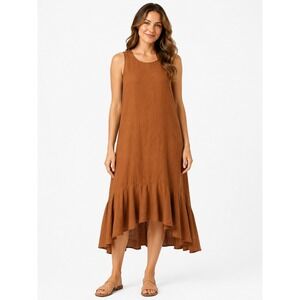 Wayan Linen Dress Small Brown Rust Ruffle Hem Lagenlook Coastal Minimal Earthy